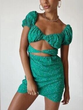 Princess Polly Green Ditsy Floral Cutout Puff Sleeve Mini Dress US 2 EUC